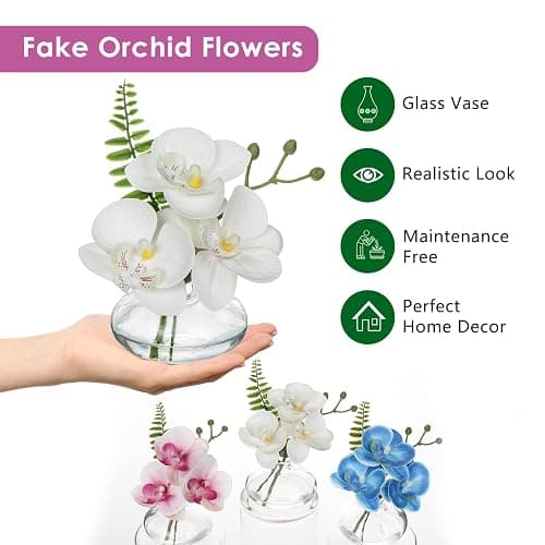 White Orchids Artificial Flowers Faux Orchids Arrangement in Clear Glass Vases Set of 3 Real Touch Phalaenopsis Orchid Flowers Small Fake Orchid Centerpiece for Dining Room Table thumbnail 4