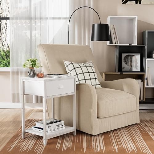 Furologee White Nightstands Set of 2, End Table with Fabric Drawer, Small Side Table for Small Spaces, 2 Tiers Storage Shelves End Table, Bedside Table for Living Room, Bedroom, Dorm - White - 2 thumbnail 8