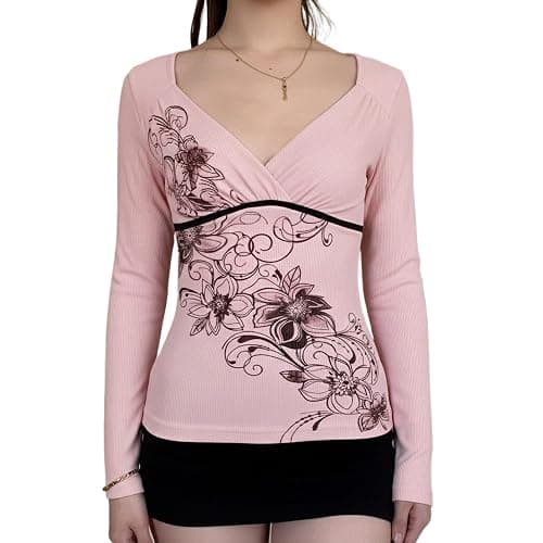 Y2k V Neck Floral Tops Women Fairy Grunge Vintage Long Sleeve Top 2000s Emo Graphic Cute Teen Girls Clothe - Image 1