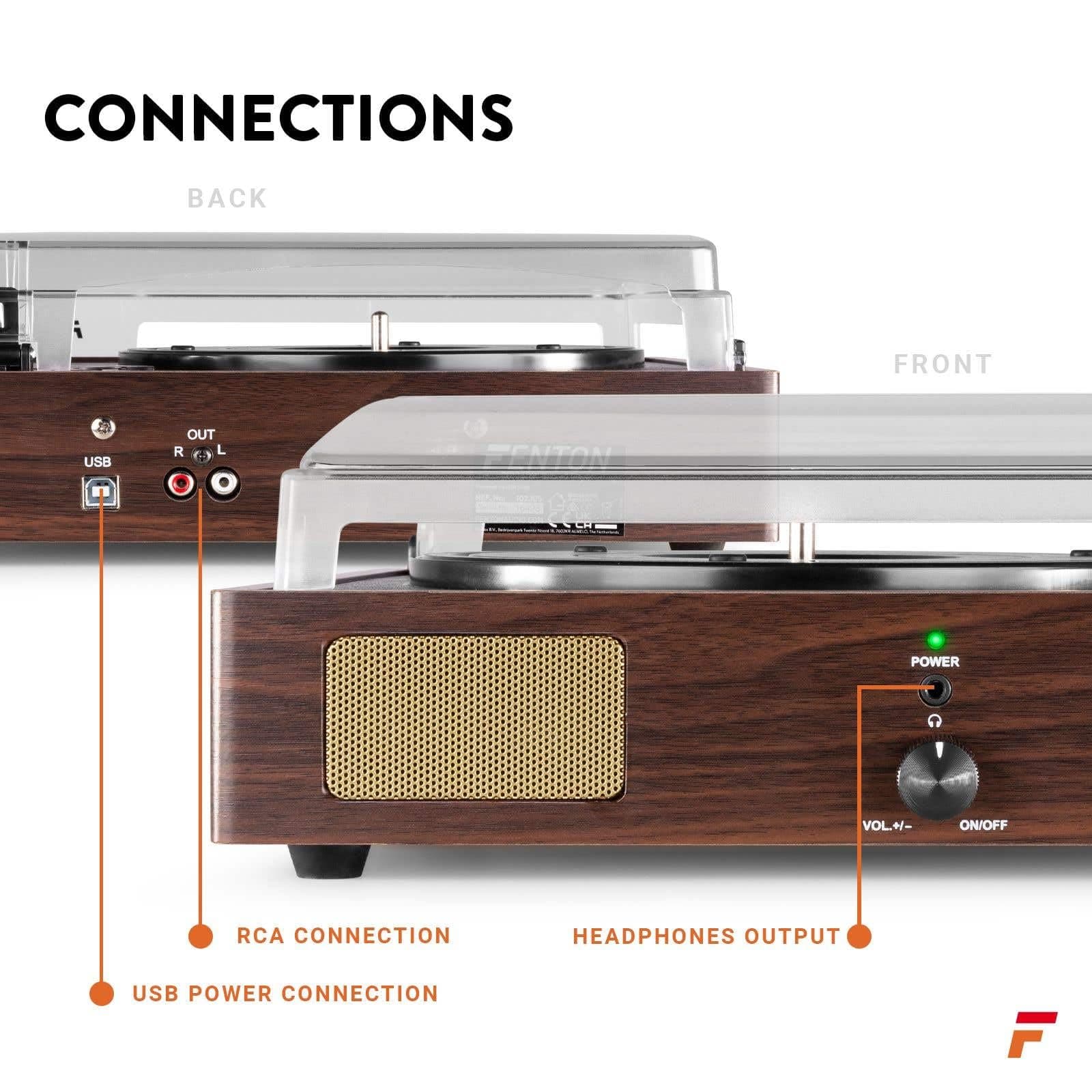Fenton RP106DW Record Player with Built-in Speakers, Vinyl to MP3 USB Conversion, Ceramic Cartridge, 33, 45 RPM, Dark Wood thumbnail 7