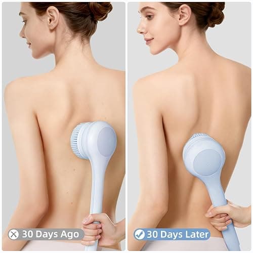 Oh,XIYU. Electric Body Brush Back Scrubber for Shower, Waterproof Long Dual Handle Power Body Scrubber with 3 Heads, Bath Brush & 2 Speeds, for Cleansing, Exfoliating and Massaging Skin, Sky Blue thumbnail 9
