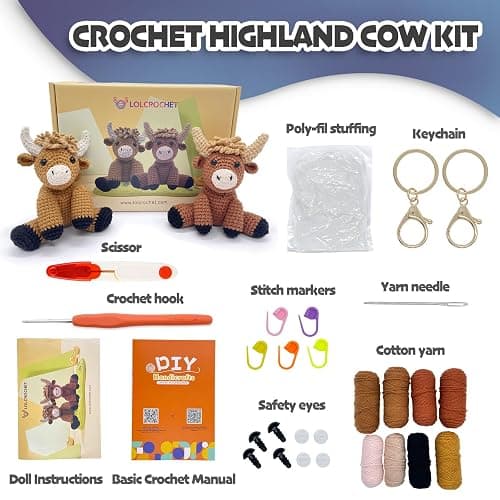 Highland Cow Crochet Kit for Beginners Intermediates - 2 Pcs Animals Craft Crochet Starter Kit with Step-by-Step Video Tutorial, Easy Knitting Set for Adults Kids, Women Learn to Crocheting Gift Idea thumbnail 2