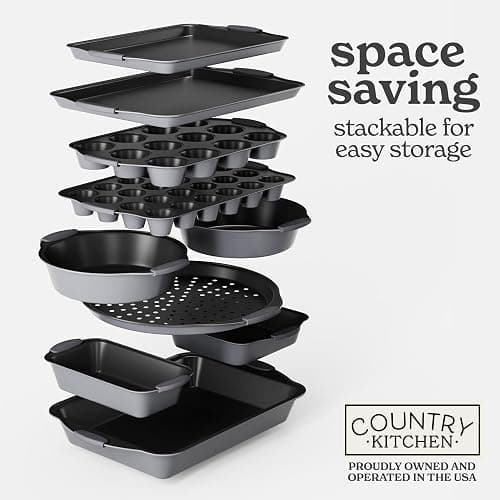 Country Kitchen Nonstick Stackable Bakeware Set - Heavy Duty, Durable, Easy Release Baking Set, Grey, 10 Pcs thumbnail 7