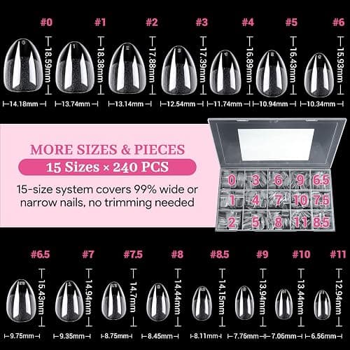 Qiek Extra Short Almond Fake Nail Tips, 15 Sizes 240 PCS Clear Half Matte Press On False Nail Tips Pre-shaped Full Cover Gel Nail Acrylic Soft Tip Extensions Thick Long Lasting for Home DIY Nail Salon thumbnail 7