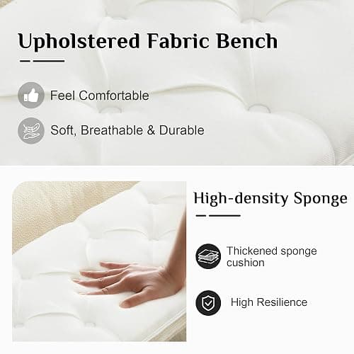 LOULENS 57.7" Linen Fabric End of Bed Bench, French Upholstered Button Tufted Bench for Bedroom End of Bed, Window Seat with Carved Wood Legs for Bedroom, Living Room, Entryway, White thumbnail 4