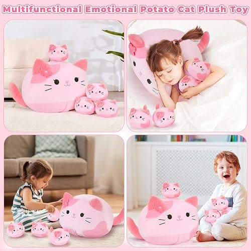 5 PCS Pink Sakura Cat Plush Stuffed Animal Family-19" Soft Pink Sakura Cat Plush, Large Mommy Plushies with 4 Baby Kittens Plushies, Kawaii Plush Toy Christmas Birthday Gifts for Kids Boys Girls thumbnail 8