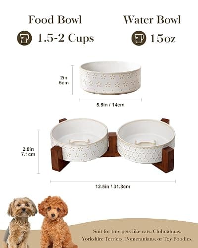 MALACASA Dog Bowl Set with Walnut Wood Stand, 1.5 Cups Ceramic Pet Bowls for Puppy Dogs, Dual Food and Water Bowls with Non-Slip Base, Basic Bowls for Your Dog or Cat, Five-Leaf Grass & Honeycomb thumbnail 2