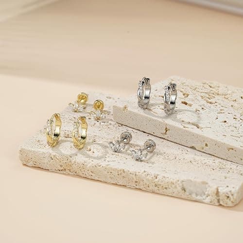 Turandoss 8 Pairs Hypoallergenic Gold Hoop Earrings for Women Trendy | Dainty 14K Gold Plated Huggie Hoop Stud Earrings for Women, Flat Back Earrings Set for Multiple Piercing thumbnail 6