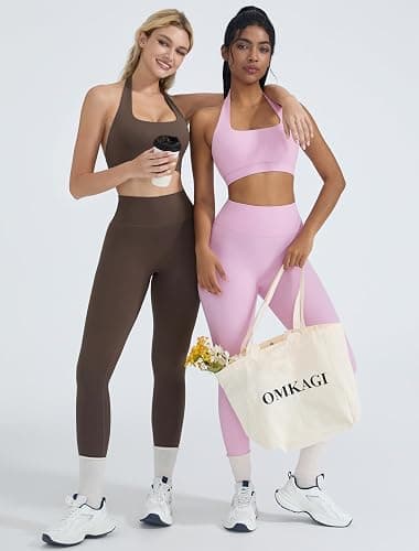 OMKAGI 2 Piece Workout Sets for Women Halter Sports Bras Gym Sets Booty Leggings Outfits (M,447-Purple) thumbnail 2