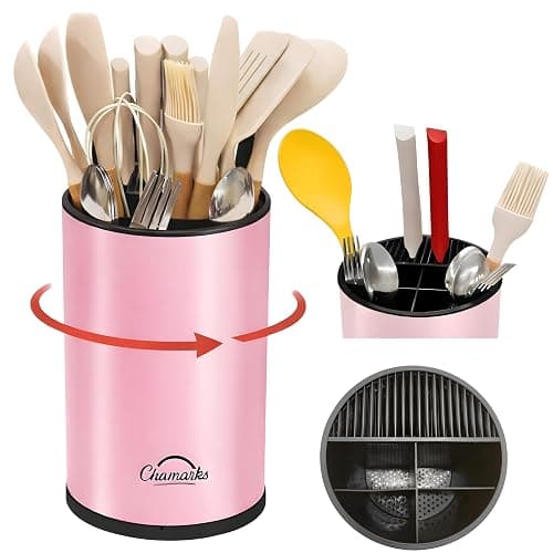 CHAMARKS 3-in-1 Kitchen Utensil Holder for countertop with Knife Block and Silverware Caddy. (Pink) - Image 1
