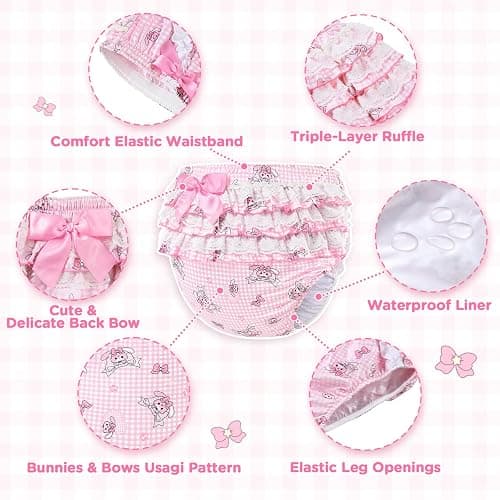 LittleForBig Silky Washable Reusable Waterproof Ruffled Lace Bow Bunnies & Bows Usagi Pattern Ruffle Adult Diaper Cover Pink M thumbnail 3