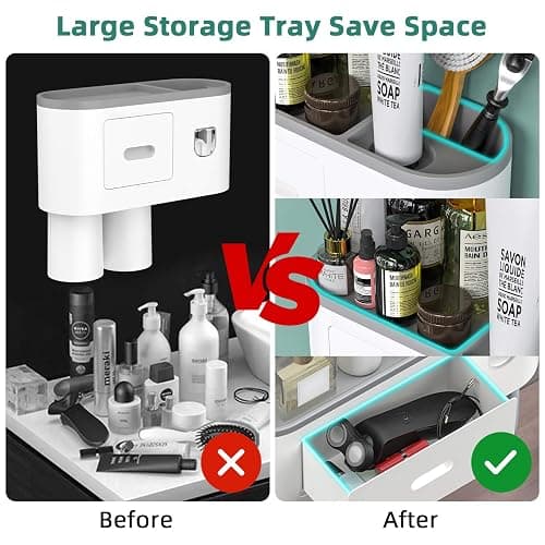 Toothbrush Holder Wall Mounted, Automatic Toothpaste Dispenser Squeezer Kit -Magnetic Toothbrush Holder for Bathroom and Vanity, 4 Brush Slots 2 Cups 1 Cosmetic Drawer - Grey - 2 cups thumbnail 3