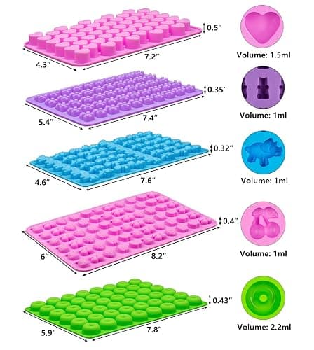 5 PCS Gummy Candy Molds Silicone, Food Grade Non-Stick Gummy Bear Mold Mini Fruit Snacks Molds BPA Free with 2 Droppers Including Mini Dinosaur, Bear, Heart, Fruit and Donut (Multicolor) thumbnail 2