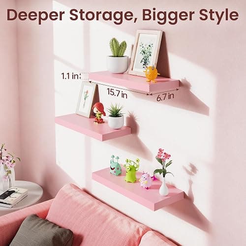 BAYKA Pink Floating Shelves 15.7in, Set of 3, Wall Mounted for Wall Decor | Easy Install, 22lbs Max Load, Hidden Bracket, Shelving for Bathroom Bedroom Kitchen Display Storage, Multi-Wall Compatible thumbnail 3