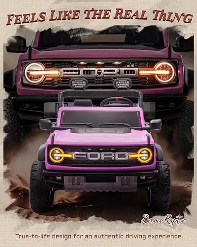 First Ride On 24V Ride on Toys for Big Kids, Licensed Ford Bronco Raptor 2 Seater Ride on Cars with Remote Control, Ride on Truck w/ 4-Wheeler Suspension, 3 Speeds, Led Lights, Bluetooth (24V, Pink) | First Ride On, 24V, for Big Kids, 2 Seater, with Remote Control thumbnail 3