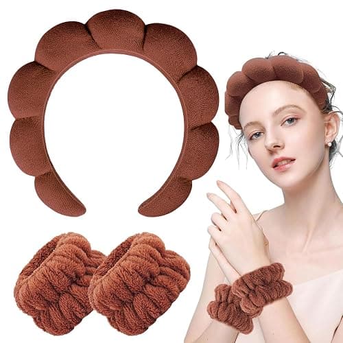 Zkptops Spa Headband for Washing Face Wristband Set Sponge Makeup Skincare Terry Cloth Bubble Soft Get Ready Hairband for Women Girl Puffy Padded Headwear Non Slip Thick Hair Accessory(Dark Brown) thumbnail 8