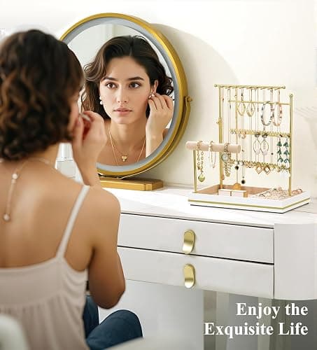 Emibele Jewelry Holder, Jewelry Organizer Stand Necklace Earrings Bracelet Holder, 5 Tier Jewelry Display Tower Rack with Metal Frame and Velvet Ring Tray, Aesthetic Jewelry Stand Gift for Women, Gold thumbnail 8