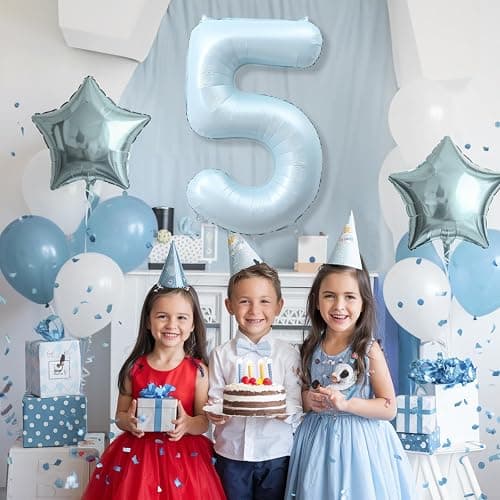 Big Number 5 Balloons, Dusty Light Blue Foil 5 Balloon Numbers 40 Inch, Giant 5th Birthday Party Decor, Matte Baby Blue Mylar Helium Self Inflating Balloon for Boys Birthday Anniversary Decorations thumbnail 2