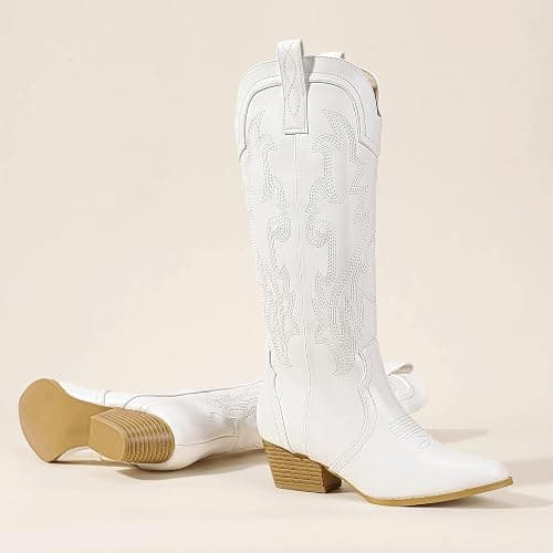 IDIFU IN2 Cowboy Boots For Women Cowgirl Knee High Western Tall Boots Chunky Low Pointed Toe Heel Boots Fashion Booties for Women Embroidered Wedding Country Concert Boots thumbnail 6