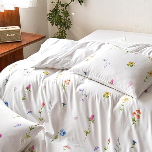 Wake In Cloud - Floral Comforter Set, Cottagecore Cute Aesthetic Watercolor Tiny Flowers and Leaves, Soft Lightweight Bedding for Women Teen Girls, 3 Pieces, White Multicolor, Queen Size thumbnail 5