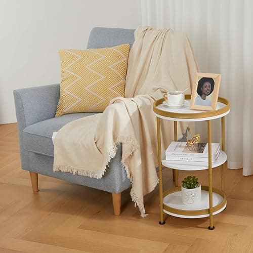 YEAKOO Nordic End Table, 3-Tier Round Side Table with Storage Shelf Edge Protection Tray, Sturdy Metal Frame Coffee Table Bedside Table for Living Room Bedroom Small Spaces (White & Gold) thumbnail 9