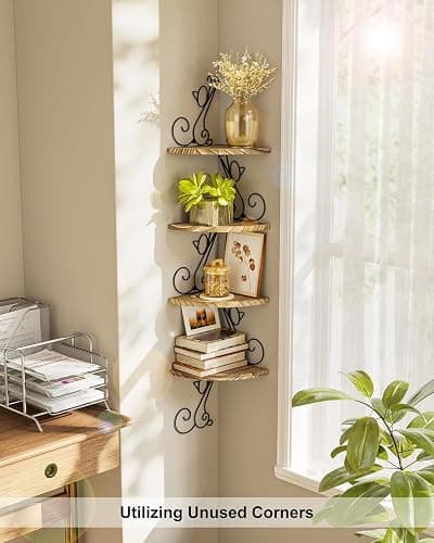 Alsonerbay Wall Mount Corner Shelves 4 Tier Floating Corner Storage Wood Shelves Decorative Rustic Radial Shelf in Cat Shape Carbonized Black thumbnail 8
