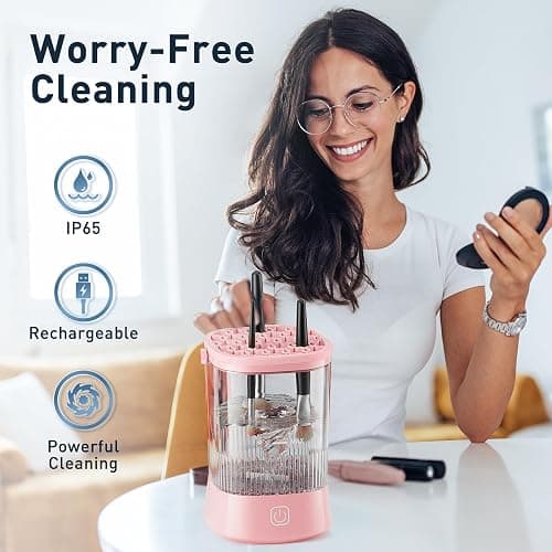 Electric Makeup Brush Cleaner Kit with Cleaning Solution, 9000 RPM, Pink | Automatic Cleaning, IP65 Water-Resistant Design, Multi-Size Holders, Cleans Makeup Brushes and Sponges, Compact for Travel thumbnail 7