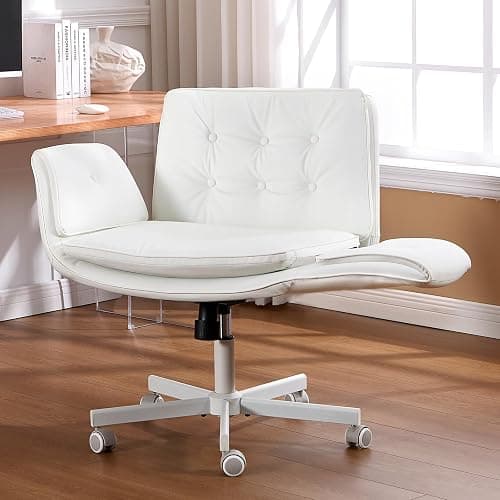 amseatec Criss Cross Chair with Armrests & Wheels, PU Leather Vanity Chair, Comfortable Adjustable Swivel Computer Office Desk Chairs for Home, Make Up, Bed Room (White) - Image 1