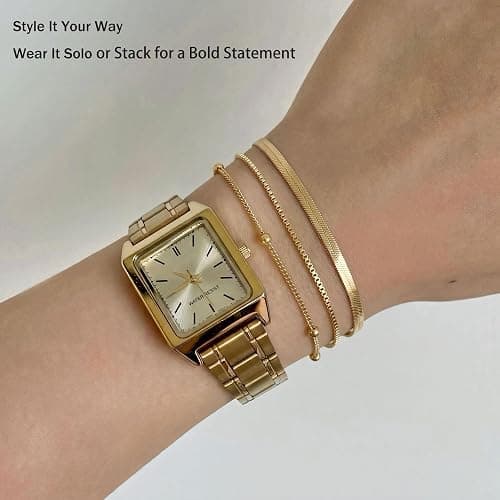 Dearmay Gold Bracelets for Women Waterproof, 14K Gold Plated Minimalist Bracelets Stack Non Tarnish Trendy Dainty Herringbone Vintage Cuban Paperclip Rope Thin Box Link Chain Stackable Jewelry Sets Modern Fashion Accessories Gifts for Womens thumbnail 5