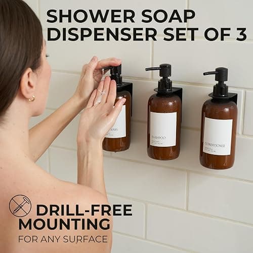 Stylish Shampoo & Conditioner Dispenser Set of 3 - Wall Mount, Drill Free | Modern 21oz Shower Soap Bottles with Labels - Easy Refill Body Wash Dispensers for an Instant Bathroom Decor Upgrade thumbnail 2