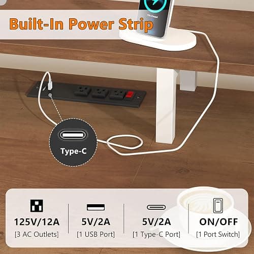 60" Computer Desk with 8 Drawers & Monitor Stand for Home Office, Bedroom | Gaming Desk with LED Lights & Power Outlets, Home Office Desk with 8 Fabric Drawers, Brown & White thumbnail 4