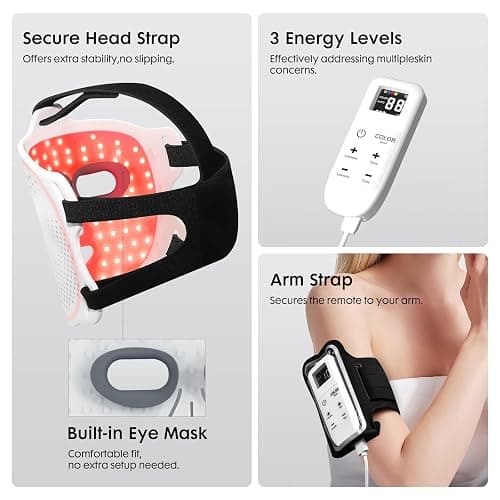 Umitec LED Face Mask Light Therapy, FDA-Cleared, 4 Modes Red Light Therapy for Face with Remote and Timer, 2000mAh Rechargeable, Blue, 850NM Infrared & Red Light Therapy Mask at Home, 288 LEDs, White thumbnail 9