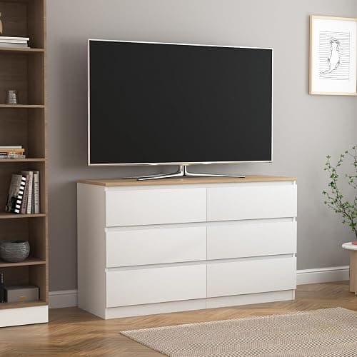 Spaco White Dresser for Bedroom with Oak Top,Modern 6 Drawer Dresser with Deep Drawer,Wide Storage Chest of Drawers,Bedroom Storage Organizer Furniture,TV Stand for Living Room thumbnail 9