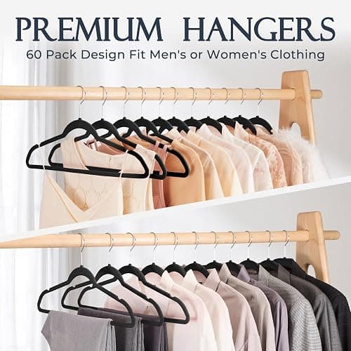 HOUSE DAY Black Velvet Hangers 60 Pack, Non Slip Clothes Felt Hanger Heavy Duty for Coat, Premium Slim Space Saving Suit Hangers for Closet Organizer, 360° Rotating Silver Hook - Black - 60 Pack thumbnail 8