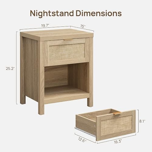 SICOTAS Nightstands Set of 2 Rattan Night Stand with Drawer | Farmhouse Bedside Table with Storage Shelf - Boho End Side Table for Bedroom, Light Oak thumbnail 3
