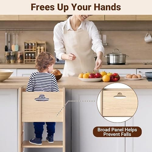 COSYLAND Toddler Standing Tower Adjustable Height - Super Stable Kids Kitchen Stool Helper with Protive Panel - 3 Levels Adjustable Wooden Toddler Kitchen Stool (All Natural) thumbnail 2