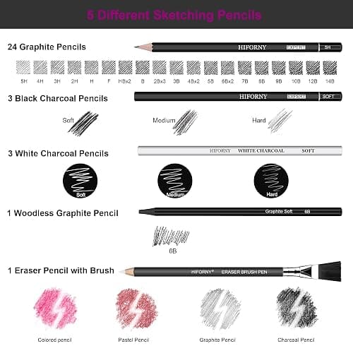 HIFORNY 100 PCS Drawing Set Sketching Kit,Sketch Pencils Art Supplies with Graphite,Charcoal,Blending Tools & Accessories,Portable Zippered Travel Case for Artists & Beginners thumbnail 3