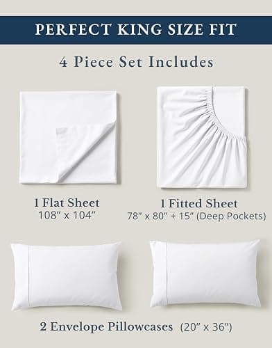 LANE LINEN 100% Organic Cotton King Size Sheets Set, Soft & Comfy All Season Breathable Sheets King Size, Percale Weave Fully Elasticized Eco Friendly Naturally Cooling King White Bed Sheets thumbnail 4