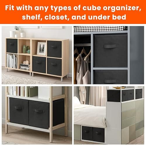 Criusia Storage Cubes - 11 Inch Heavy Duty Fabric Storage Bins for Shelves Closet, Cube Organizer - 8 Pack Collapsible Cube Storage Bins Baskets for Organizing Clothes Blankets Toys (Black) - Medium -11 inches - Black thumbnail 6
