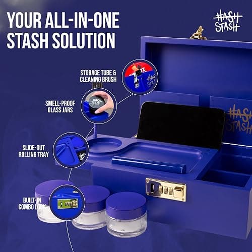 The OG Storage Box - Large Bamboo Box with Combination Lock, Magnetic Lid, Organizer Tray, Airtight Tube and 3 Jars - Discreet Decorative Locking Wooden Box with Accessories (Royal Blue/Gold) thumbnail 4