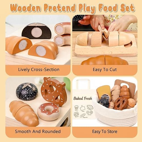 Wooden Bakery Playset Food Toys, Kids Pretend Play Food Baking Set Kitchen Accessories with Storage Bag, Pretend Play Bread Cutting Food for Boys Girls 3+ thumbnail 5
