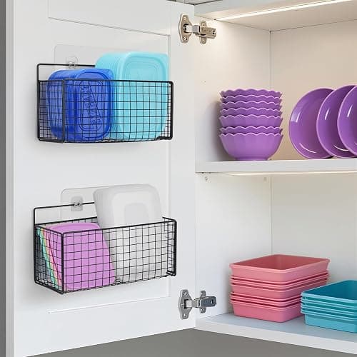 AMZABBY 2 Pack Large Adhesive Cabinet Organizer - Lid Organizer Inside Cabinet Wall Mounted Pantry Door Caddy for Food Container Lid Kitchen Under Sink Basket - Image 1