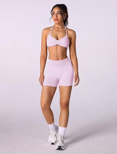 ABOCIW Womens Seamless Workout Sets 2 Piece Strappy Halter Sports Bra Scrunch Butt Shorts Gym Yoga Outfits thumbnail 5