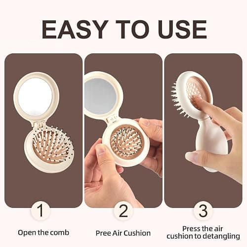 Jurrissa Folding Hair Brush with Mirror for Women Men and Kids，Portable Compact Hair Brush for Purse Pocket Bags, Travel Size Foldable brush with Case, Easy to Carry(Beige) thumbnail 7