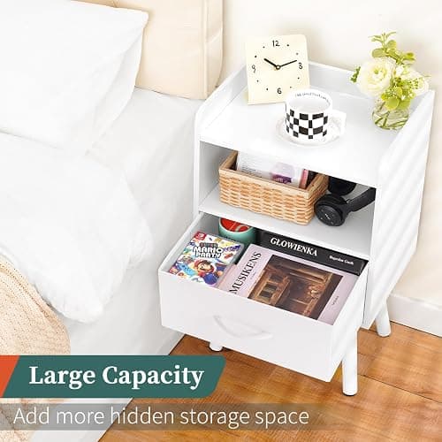 Yoobure Modern Nightstand with Drawer, Bedside Tables, Mid Century Nightstands with Open Storage Shelf, Wood Bedside Table, Small Night Stands for Bedrooms, 2-Tier Night Table thumbnail 5