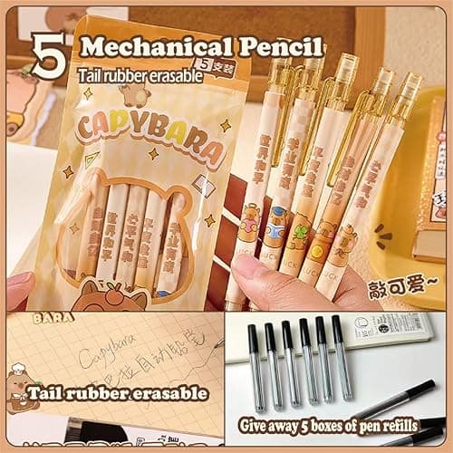 RHUIOKJLDF 12PCS Capybara School Supplies set，Cute School Supplies ballpoint pens notebooks, pencil cse, sticky notes ，mechanical pencil thumbnail 6
