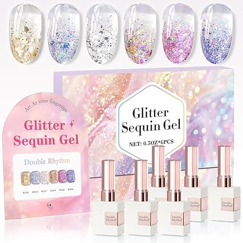 Double Rhythm 0.5 Oz Glitter Gel Polish Set of 6 Color with Display Board 15 ml Full Size Kit Shimmer Reflective Sparkle Soak Off Manicure Salon DIY at Home (Gold Blue Silver Purple Pink-T6-37)