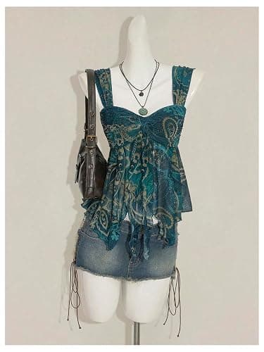 Milumia Women's Tie Front Asymmetrical Flowy Babydoll Top Y2k Sweetheart Neck Mesh Going Out Tank Tops thumbnail 5