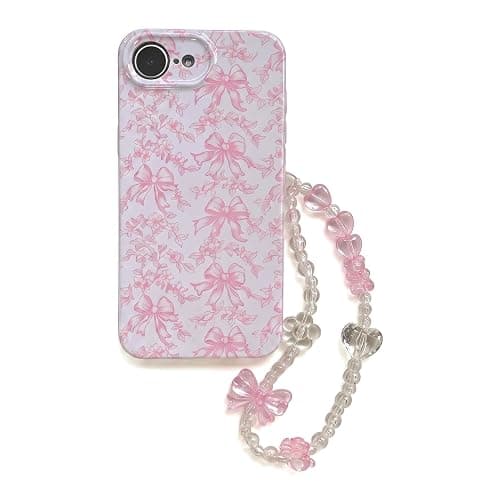 Jzzeuose Phone Case for iPhone 17e/16e with Beaded Wristlet, Pink Bow Floral Cute Soft TPU Protective Case for Women Girls, Anti-Scratch Shockproof Slim Cover thumbnail 2