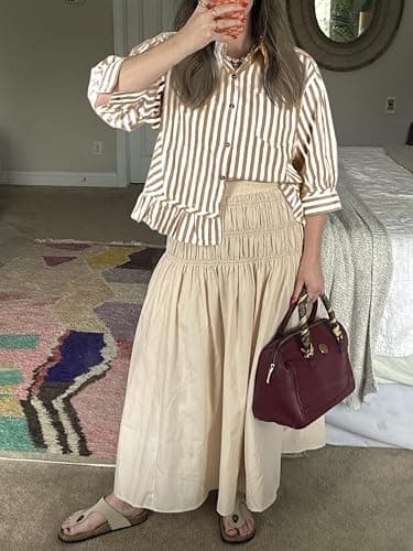 Cicy Bell Womens Cropped Striped Button Down Shirts Ruffle 3/4 Length Sleeve Summer Tops Dressy Casual Blouses thumbnail 3